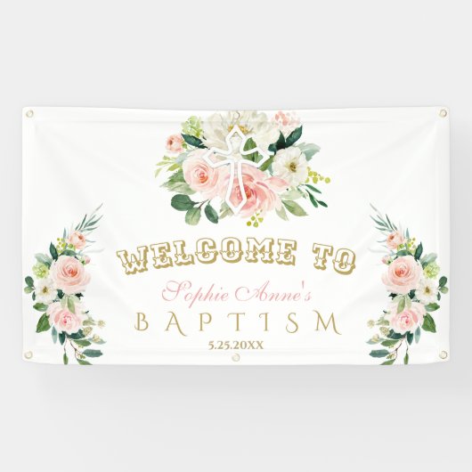 Banderoles Chic Blush Flowers Girl Baptism Croix Affiche de b (Horizontal)
