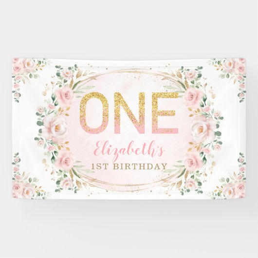 Banderoles Chic Blush Gold Pink Floral 1er anniversaire (Horizontal)