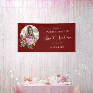Banderoles Chic Bourgogne Thème Floral Photo Sweet 16
