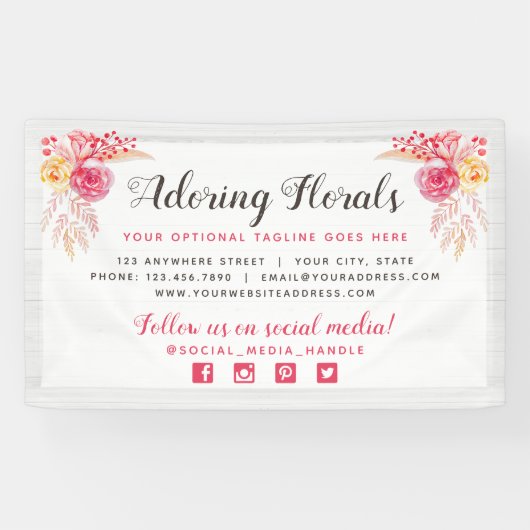 Banderoles Chic Rose et floral rose rouge rustique (Horizontal)