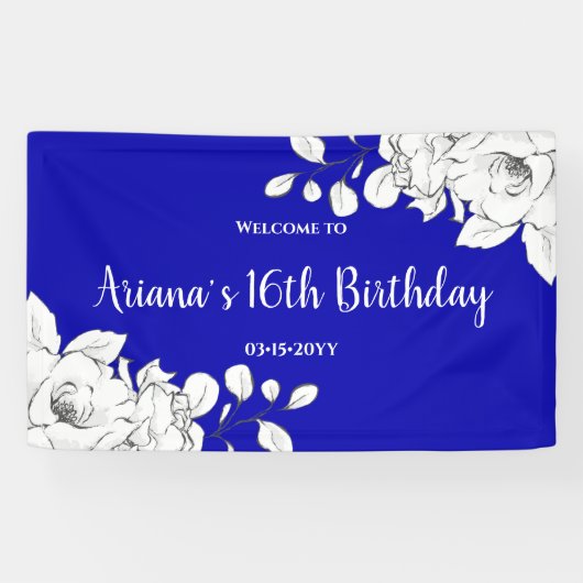Banderoles Chic Royal Bleu Blanc Floral Anniversaire (Horizontal)