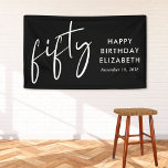 Banderoles Chic Script Black 50th Birthday Party<br><div class="desc">Banderole de fête et signe de bienvenue noir chic de 50ème anniversaire qui présente "cinquante" présenté dans un script blanc élégant et votre nom et la date dans des lettres blanches modernes.</div>