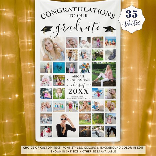 Banderoles Chic Script Graduation 35 Photo Collage Blanc
