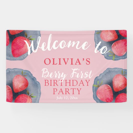 Banderoles Chic Strawberry Red & Pink 1st Birthday  (Horizontal)