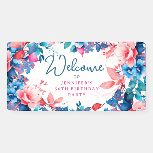 Banderoles Chic Watercolor Floral 50e fête d'anniversaire (Horizontal)