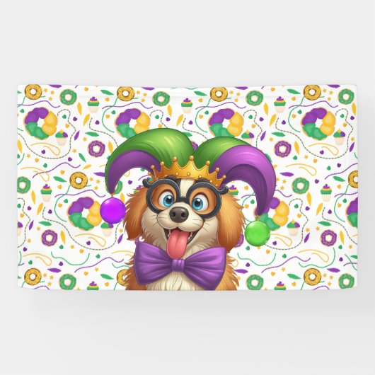 Banderoles Chien chiot mignon Mardi Gras en casquette jester (Horizontal)