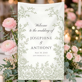 Banderoles Chinoiserie Vert Sauge Fleurs Mariage Bienvenue