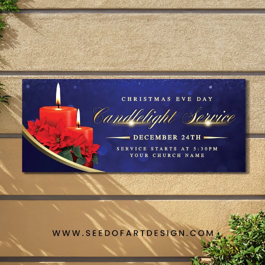 Banderoles Christmas Eve Candlelight Poinsettia Blue Church