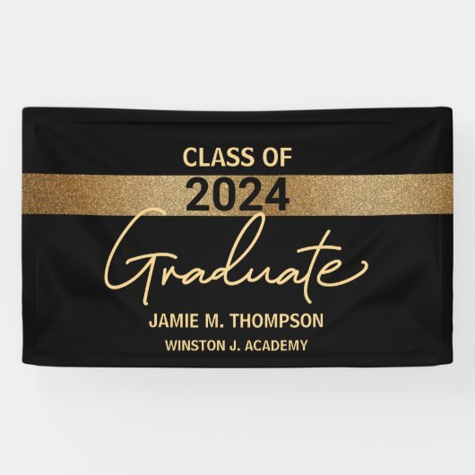Banderoles Classe de 2024 Black Gold Nom Graduation Adulte Cl (Horizontal)