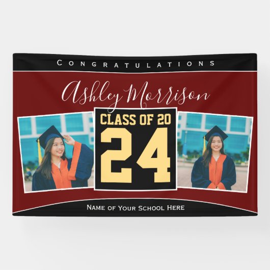 Banderoles Classe de 2024 Burgundy Black Gold Graduation Phot (Horizontal)