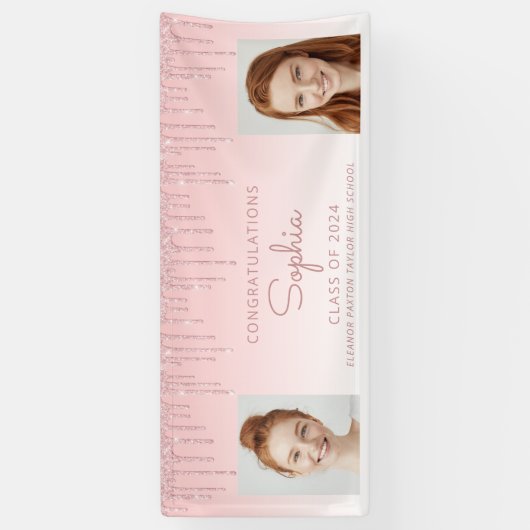Banderoles Classe de 2024 Parties scintillant rose 2-Photo Gr (Vertical)