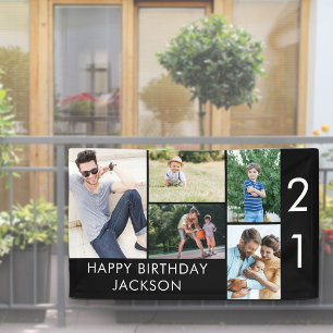 Banderoles Collage photo d'anniversaire 21 ans 5 images Noir