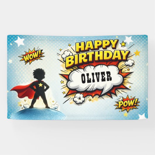 Banderoles Comic Style Superhero Boy's Name Birthday (Horizontal)
