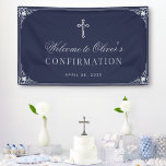 Banderoles Confirmation Boy Marine Blue Elegant Croix Vintage<br><div class="desc">Une conception religieuse pour la confirmation d'un garçon. L'arrière - plan est bleu marine. Il y a un faux cadre vintage de feuille d'argent et (faux) croix d'argent au-dessus du texte. Le message "Bienvenue chez [Nom]" est écrit dans un élégant script calligraphique, le reste en casquette. Tout le texte est...</div>