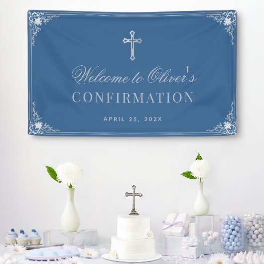 Banderoles Confirmation Garçon Classique Bleu Vintage Faux Ar