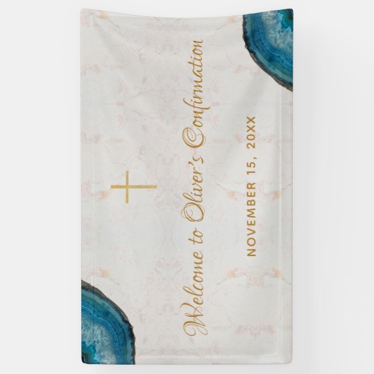 Banderoles Confirmation Garçon Code bleu Script Marbre Bienve (Vertical)