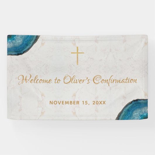 Banderoles Confirmation Garçon Marbre Script Géode Bleu Bienv (Horizontal)