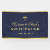 Banderoles Confirmation Garçon Marine Croix Bleue Faux Or Bie (Horizontal)