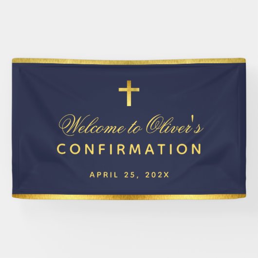 Banderoles Confirmation Garçon Marine Croix Bleue Faux Or Bie (Horizontal)