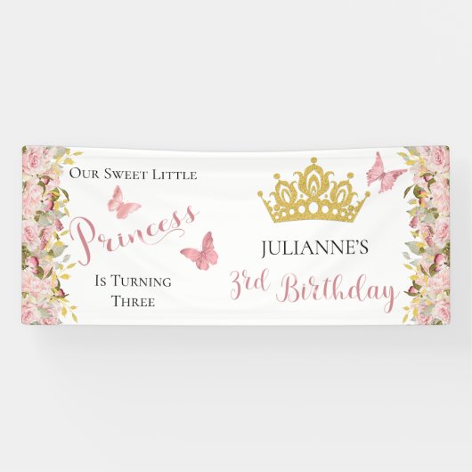 Banderoles Couronne | Papillons Floral Princesse 3e anniversa (Horizontal)