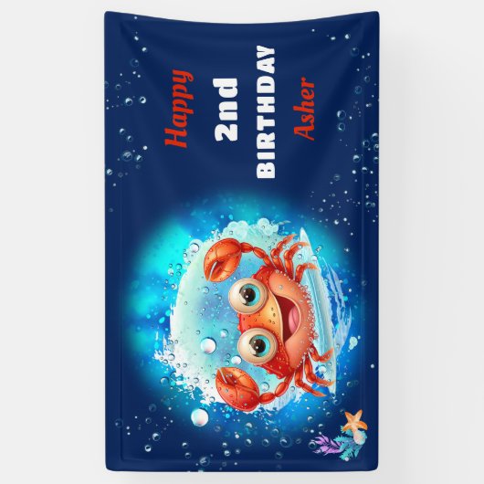 Banderoles Crab Navy Blue Boy Pool Party Été 2 Anniversaire (Vertical)