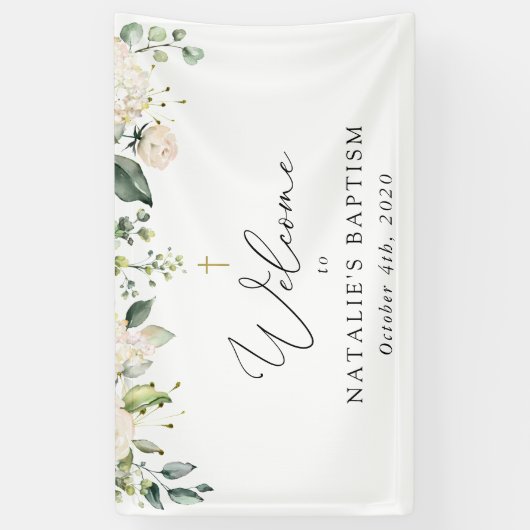Banderoles Cream White Flowers, Boho, Floral Baptism Welcome (Vertical)