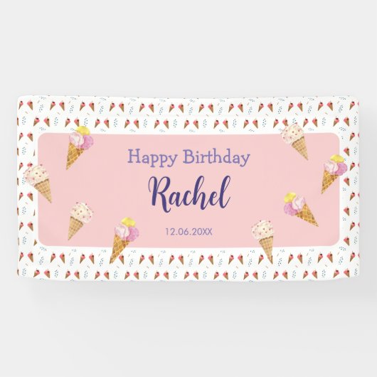 Banderoles Crème de glace rose mignonne Cone Enfants Fille An (Horizontal)