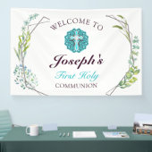 Banderoles Croix Bleue Florale Première Communion Sainte Bien (Salon professionnel)