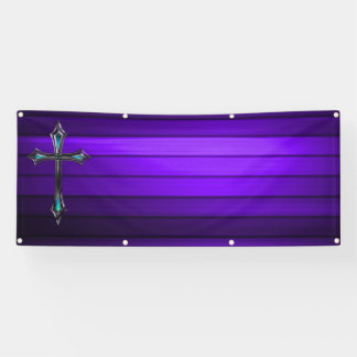 Banderoles croix bleue Planche violette Église blanche longue