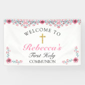 Banderoles Croix d'or rose Floral Première communion Bienvenu (Horizontal)