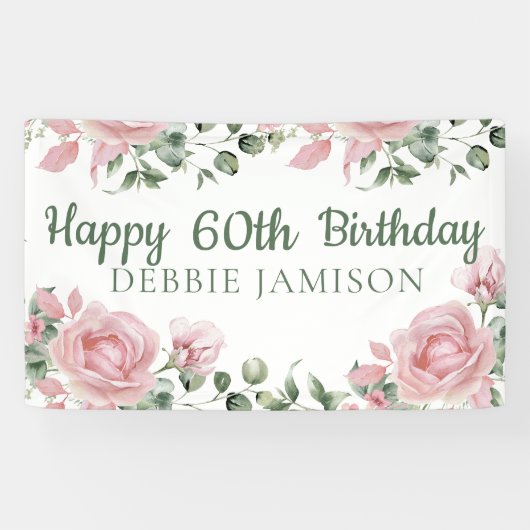 Banderoles Custom Happy 60e anniversaire Rose Floral (Horizontal)