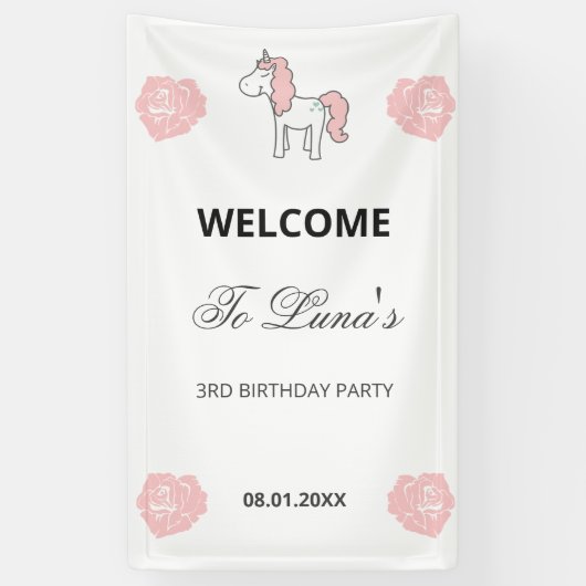 Banderoles Custom Unicorn Cute Pink Birthday Party Welcome (Vertical)