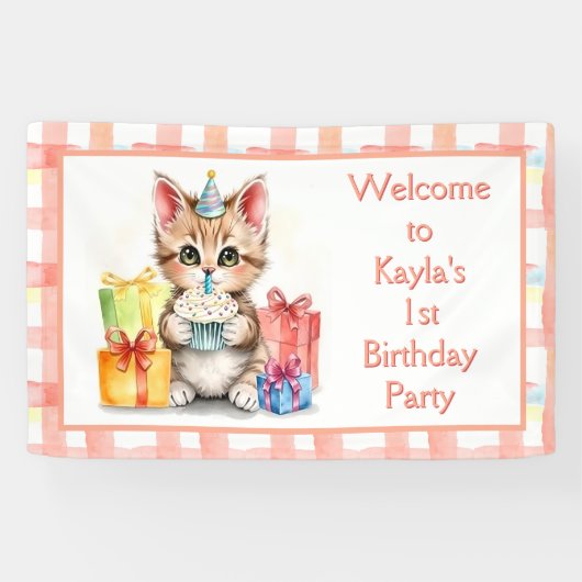 Banderoles Cute Aquarelle Kitten Thème Anniversaire (Horizontal)