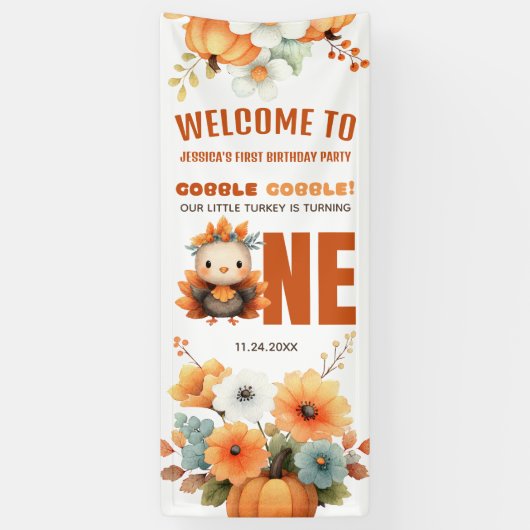 Banderoles Cute Fall Turkey Thanksgiving 1st Birthday Welcome (Vertical)