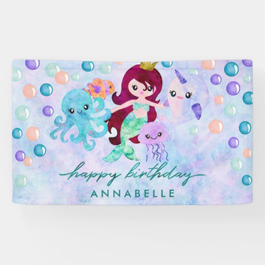 Banderoles Cute Ocean Animals Mermaid Thème Joyeux Anniversai (Horizontal)