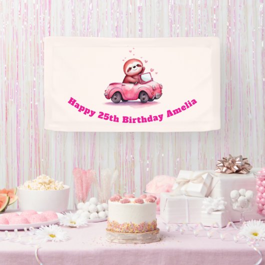 Banderoles Cute Sloth Driving a Pink Convertible Birthday (Fête)
