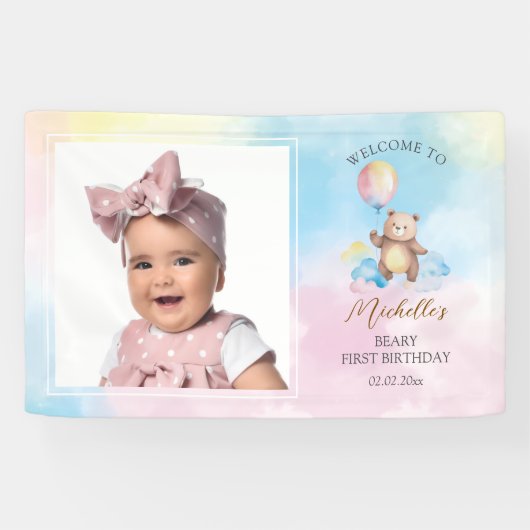 Banderoles Cute Teddy Bear Beary First Birthday Photo Welcome (Horizontal)