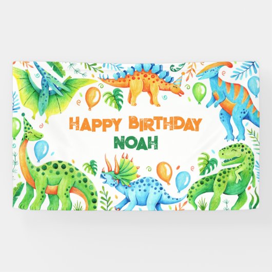 Banderoles Cute Watercolor Dinosaur fête d'anniversaire (Horizontal)