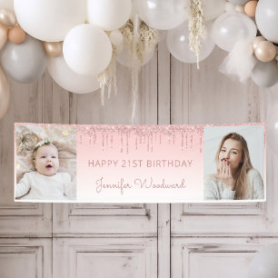 Banderoles Deux Photo Anniversaire 21 ans Rose Pailleté qui D
