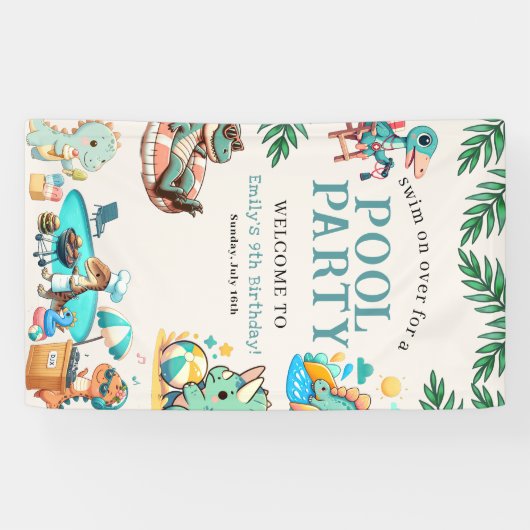 Banderoles Dino Pool Party Anniversaire Invitation (Horizontal)
