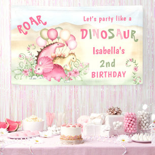 Banderoles Dinosaur Pink Pastel Cute Floral Girl Anniversaire