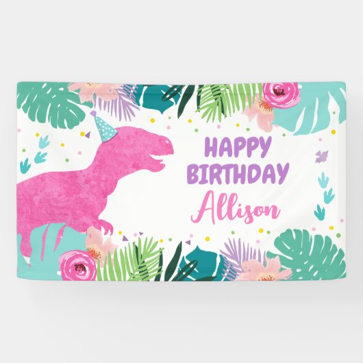 Banderoles Dinosaure fond T-Rex rose Dino fille Anniversaire (Horizontal)