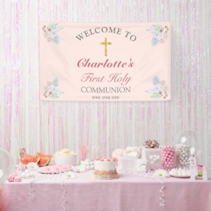 Banderoles Douce rose Floral Première Communion Sainte Bienve