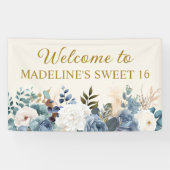 Banderoles Dusty Blue Blanc Floral Sweet 16 Bienvenue (Horizontal)
