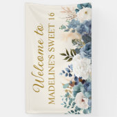 Banderoles Dusty Blue Blanc Floral Sweet 16 Bienvenue (Vertical)