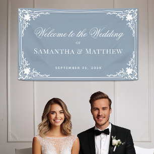 Banderoles Dusty Blue Mariage Vintage Élégant blanc Script