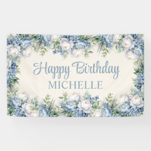 Banderoles Dusty Blue White Roses Joyeux Anniversaire Script