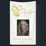 Banderoles Elégant 60 et Fabulous Twigs 60th Birthday Photo<br><div class="desc">Élégant 60 et Fabulous Gold Twigs 60e anniversaire Photo fond bannière. 60 et texte fabuleux en écriture dorée tendance et une brindille d'or élégante avec des feuilles sur un arrière - plan blanc. Personnalisez-le avec votre nom et votre photo,  et faites un élégant panneau d'anniversaire personnalisé.</div>