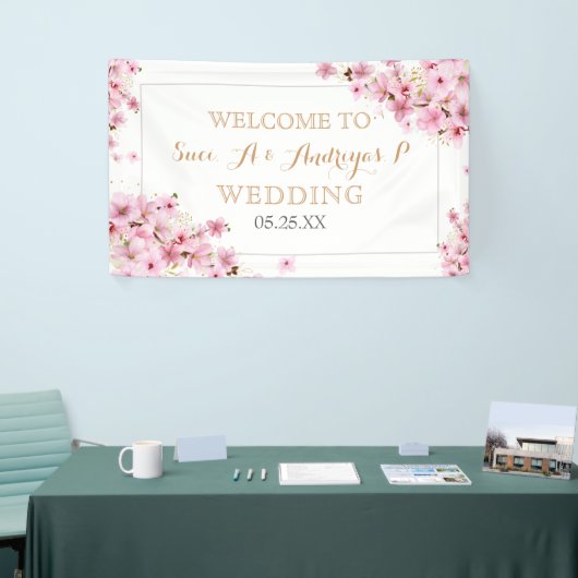 Banderoles Elégant Aquarelle Cerisier Fleur Printemps Mariage