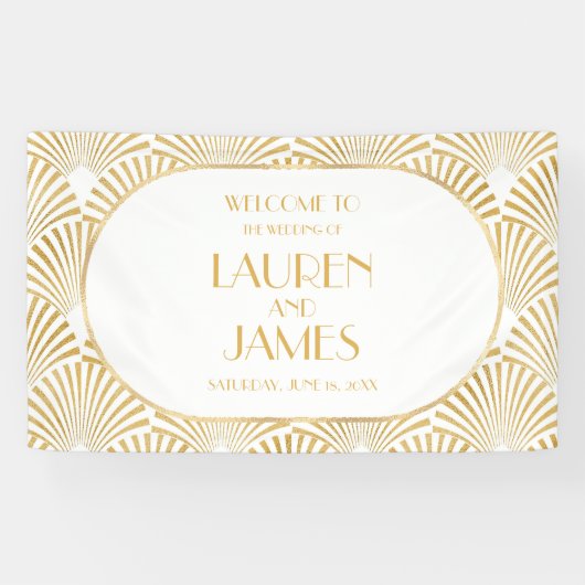 Banderoles Elégant Blanc Or Géométrique Mariage Art Déco (Horizontal)